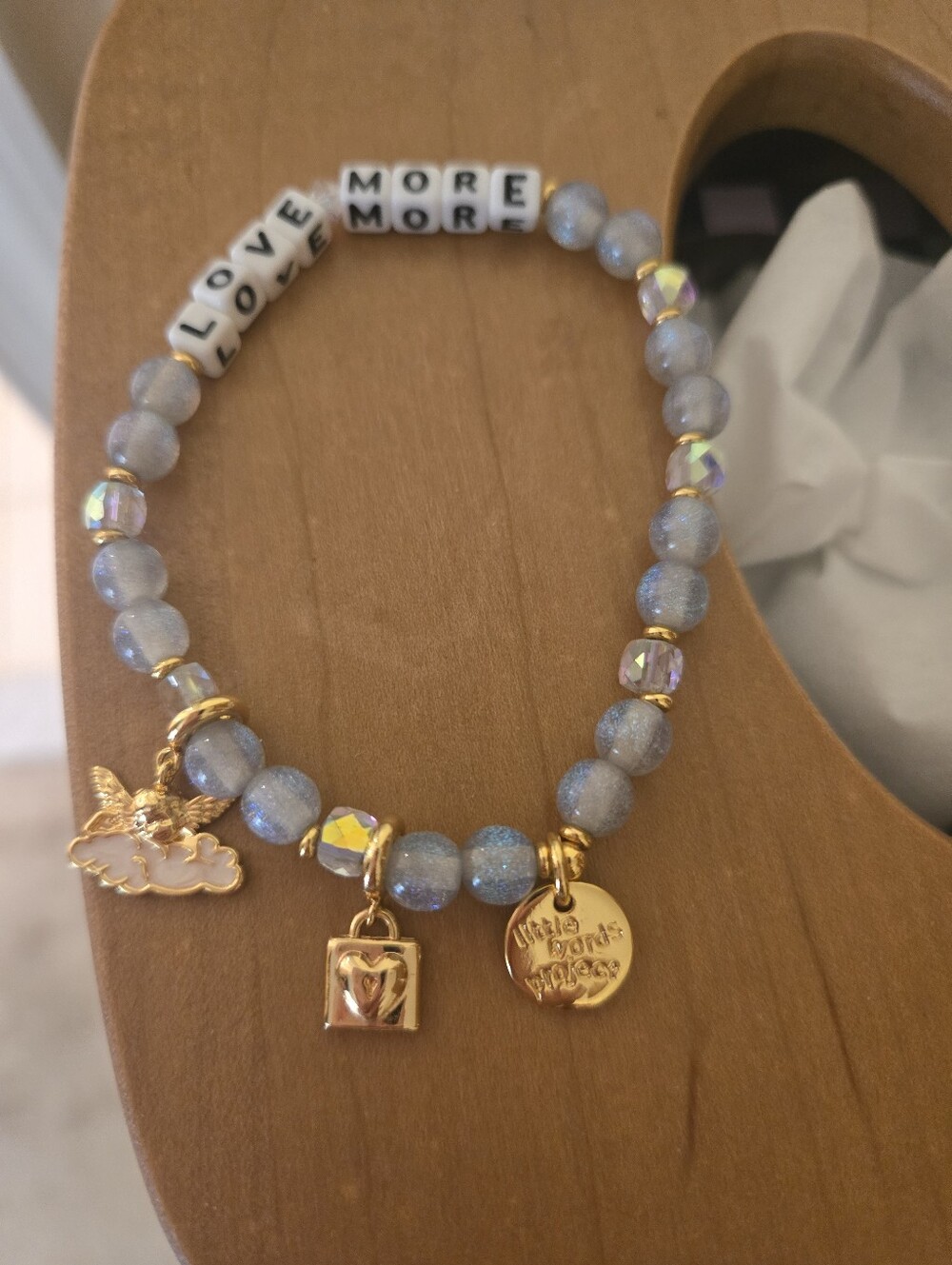 Little Words Project Gold Charm Blue Beaded Stretch Bracelet - 'Love More'